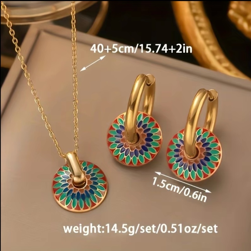 Gold Tone Enamel Mandala Necklace & Hoop Earrings Set , NEW - Picture 10 of 10